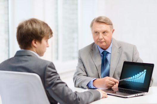 business, advertisement, technology and office concept - older man and young man with laptop computer in office