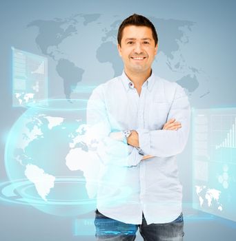business and communication concept - handsome smiling man in casual shirt