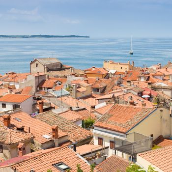 Picturesque old town Piran - beautiful Slovenian adriatic coast. Aerial view of Tartini Square.