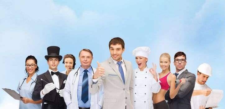 professions and people concept - group of people including doctor, nurse, magician, cook, personal trainer