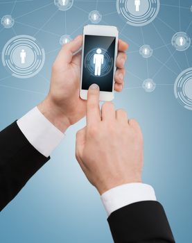 business, internet and technology concept - businessman touching screen of smartphone