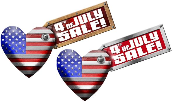 US flag in the shape of heart with side label with phrase: 4th of July - Sale! - isolated on white background
