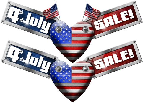 US flag in the shape of heart with two side labels with phrase: 4th of July - Sale! - isolated on white background
