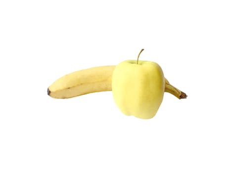 An Apple and a banana on a white background