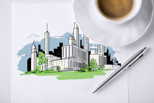 business and architecture concept - paper for note with city sketch and coffee