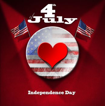 Red heart on circle with US flag interior on red velvet background with phrase "4th of July - Independence Day"