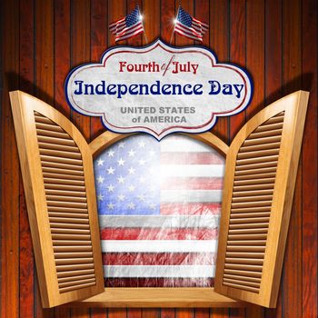 A open window on wooden wall with US grunge flag interior and label with phrase: Fourth of July Independence Day - United States of America