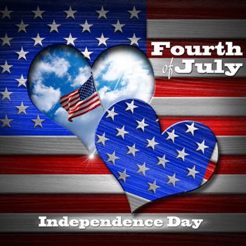 Wooden wall with US flag and a hole in the shape of heart, blue sky with clouds interior and the inscription: fourth of July - Independence Day

