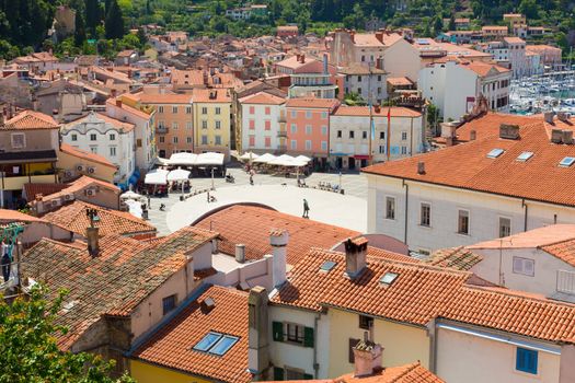 Picturesque old town Piran - beautiful Slovenian adriatic coast. Aerial view of Tartini Square.