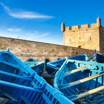 Fishermans boats in Essaouira, city in the western Morocco, on the Atlantic coast. It has also been known by its Portuguese name of Mogador. Morocco, north Africa.