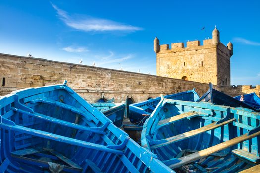 Fishermans boats in Essaouira, city in the western Morocco, on the Atlantic coast. It has also been known by its Portuguese name of Mogador. Morocco, north Africa.