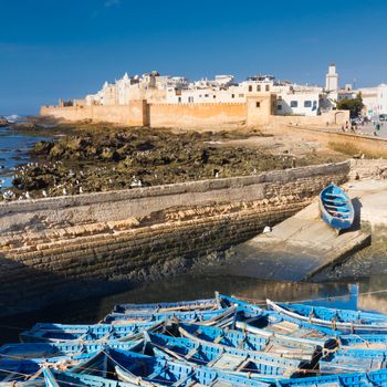 Fishermans boats in Essaouira, city in the western Morocco, on the Atlantic coast. It has also been known by its Portuguese name of Mogador. Morocco, north Africa.