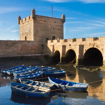 Fishermans boats in Essaouira, city in the western Morocco, on the Atlantic coast. It has also been known by its Portuguese name of Mogador. Morocco, north Africa.