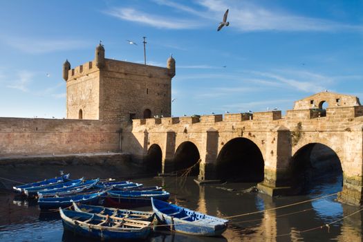 Fishermans boats in Essaouira, city in the western Morocco, on the Atlantic coast. It has also been known by its Portuguese name of Mogador. Morocco, north Africa.