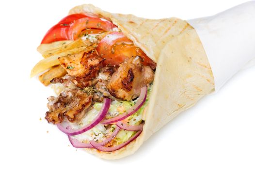greek gyros stuffed with meat, salad, onion, tomato and potato