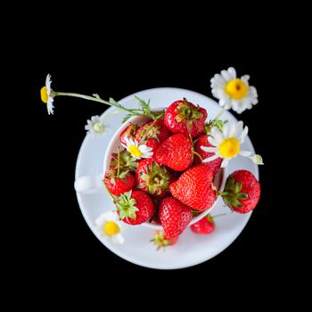 chamomiles and strawberries in white coffee cup, isolated on black background