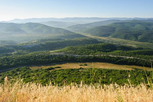 Foggy early morning summer hills, Crimea landscape