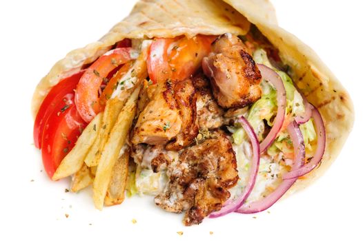 greek gyros stuffed with meat, salad, onion, tomato and potato