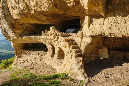 Caves at Tepe Kermen, Crimea, in the morning rays of sunlight