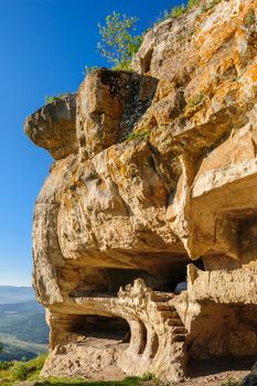 Caves at Tepe Kermen, Crimea, in the morning rays of sunlight