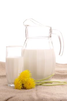 Milk jug and glass on white background