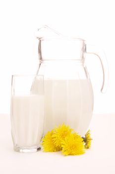Milk jug and glass on white background