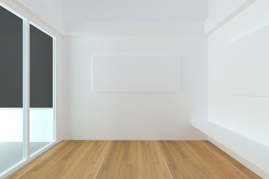 Home interior rendering with empty room color white wall and decorated with wood floors. 