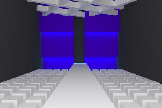 Empty fashion runway purple color lighting and blue wall.
