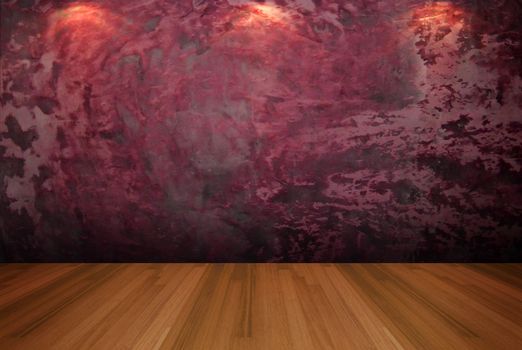 Interior rendering with empty room red cement wall and decorated with wooden floors. 