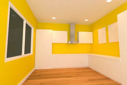 empty interior design for kitchen room with yellow wall.