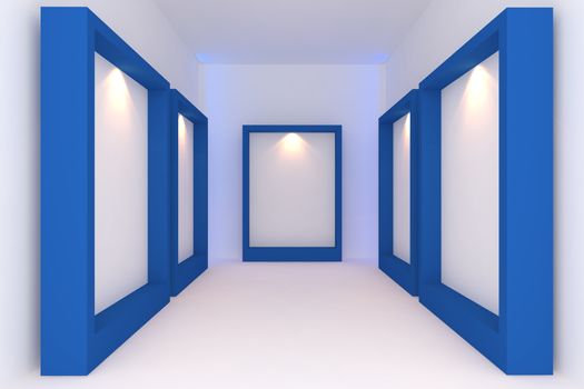 Empty room interior with white canvas on blue frame in the gallery.