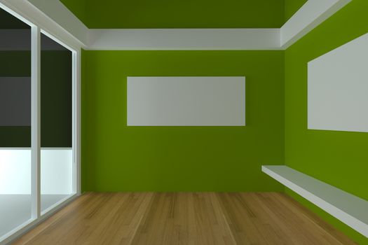 Home interior rendering with empty room color green wall and decorated with wood floors. 