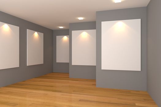 Empty room interior with white canvas on a gray wall in the gallery.