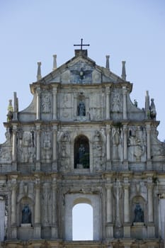 Detail of facade of ruined church of St Paul. Macau. China