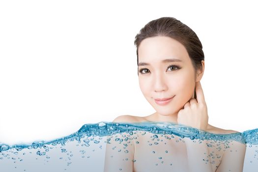 Asian beauty face with water, closeup portrait with clean and fresh elegant lady.