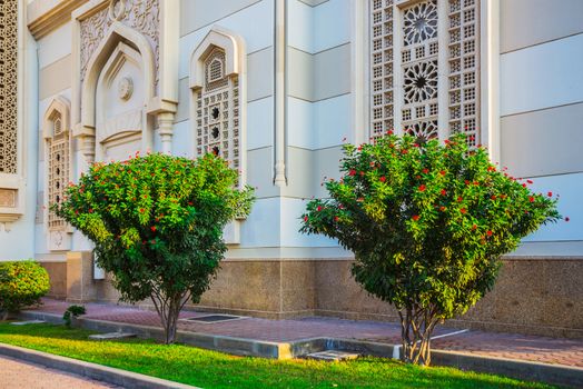 Trees on the background of a mosque in Sharjah, UAE