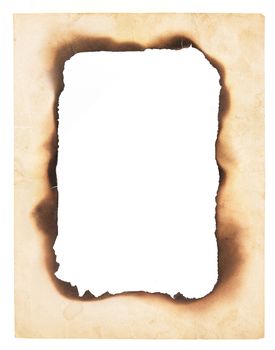 A frame or border formed from a very old, creased paper with the center burned away leaving a blank space. Isolated on white.