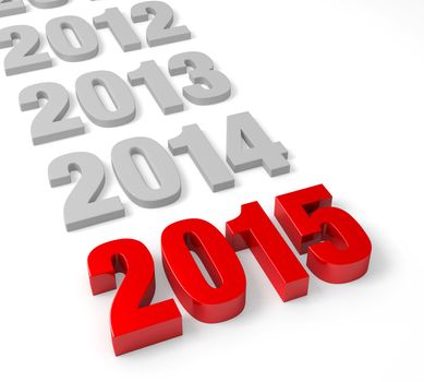 Bold, shiny red "2015!" leads a row of plain, gray preceding years. Isolated on white.  