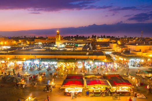 Jamaa el Fna also Jemaa el Fnaa or Djema el Fna or Djemaa el Fnaa is square and market place in Marrakesh's medina quarter. Marrakesh in Morocco, north Africa. UNESCO Heritage of Humanity.