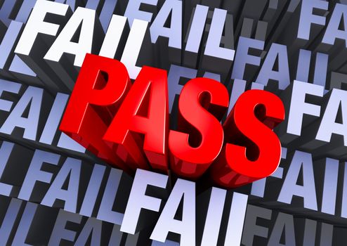 A bold, red "PASS" emerges from a muted 3d background made up of multiple instances of the word "FAIL"      