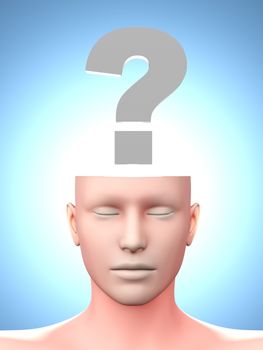 A generic questioning person. Question mark in the head. 3D rendered Illustration.