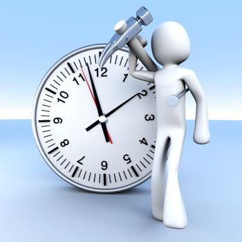 A cartoon figure with a clock. 3D rendered Illustration. 