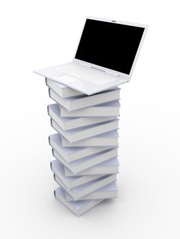 A Laptop with books. 3D rendered illustration. Isolated on white.