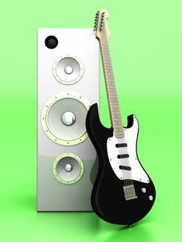 3D rendered Illustration. A guitar with a group of Speakers. 