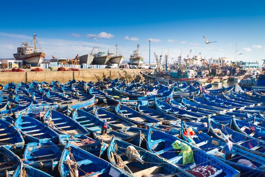 Fishermans boats in Essaouira, city in the western Morocco on the Atlantic coast. It has also been known by its Portuguese name of Mogador. Morocco north Africa.