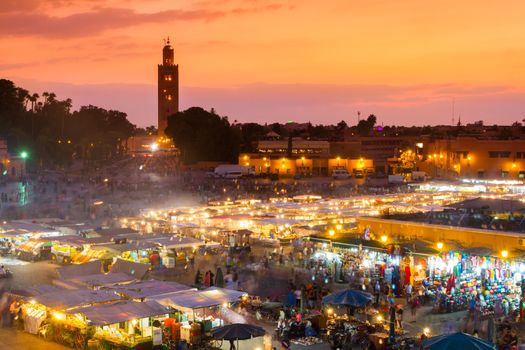 Jamaa el Fna also Jemaa el Fnaa or Djema el Fna or Djemaa el Fnaa is square and market place in Marrakesh's medina quarter. Marrakesh in Morocco, north Africa. UNESCO Heritage of Humanity.