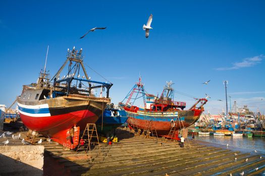 Fishermans boats in Essaouira, city in the western Morocco on the Atlantic coast. It has also been known by its Portuguese name of Mogador. Morocco north Africa.