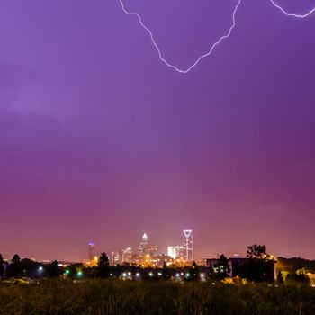 lightning and thunderstorm over city of charlotte