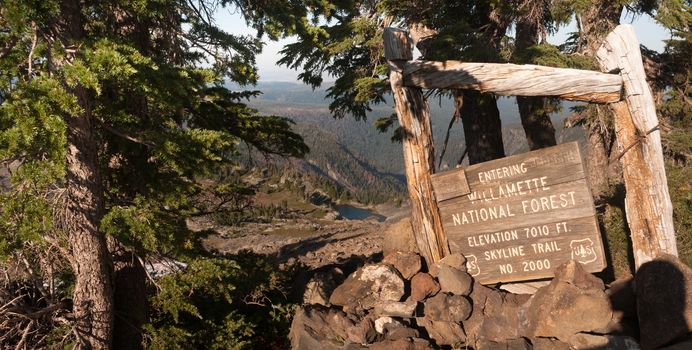 Weathered sign on high butte in the Oregon Cascade Mountains