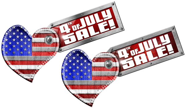 US flag in the shape of heart with side label with phrase: 4th of July - Sale! - isolated on white background
